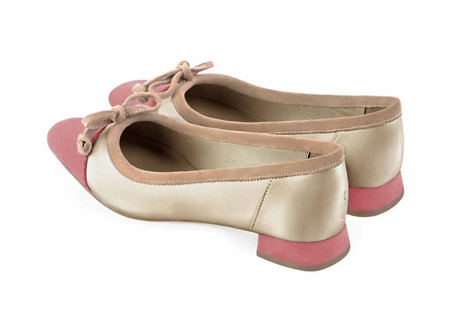 Dusty rose pink, gold and biscuit beige women's ballet pumps, with low heels. Square toe. Flat flare heels. Rear view - Florence KOOIJMAN